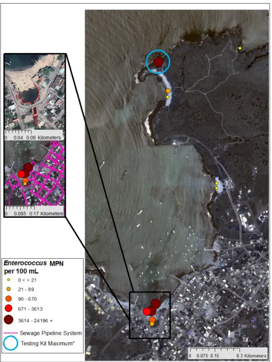 Figure 2. Geometric averages of Enterococcus in MPN per 100 mL at marine sites surrounding  Puerto Baquerizo Moreno