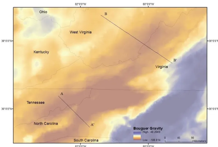 Figure 2. Locations of the cross-sections and Bouguer gravity. (A) is approximately 150km in  length, (B) is approximately 250km