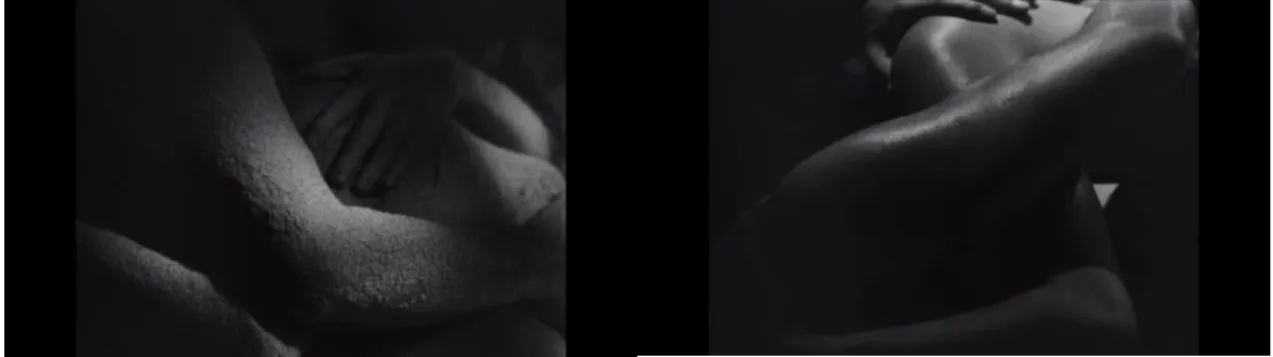 Figure 2: Elle and Lui wrapped in embrace covered with sand-like material (left) and covered with sweat  (right) in Hiroshima mon amour