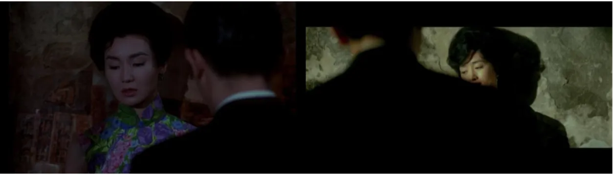 Figure 7: Maggie Cheung’s Su Li-Zhen framed against a nondescript wall with Chow in In the Mood for  Love (left) and Gong Li’s Su Li-Zhen framed against a nondescript gray wall with Chow in 2046 (right)