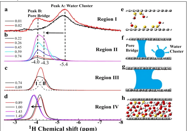 Figure 9. (a), (b), (c), (d) show the chemical shift changes at increasing water loading levels in 