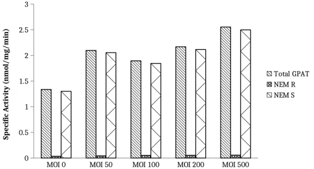 Figure 2: GPAT Activity mtGPAT Infected Hepa 1-6 Cells. Measured total GPAT, NEM  resistant, and NEM sensitive specific activity in Ad-Tom20-GPAT4 infected cells (n = 2,  technical replicates).