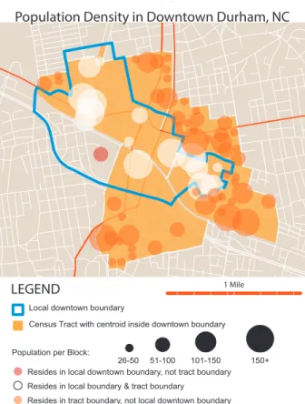 Figure 5 shows the three census tracts  whose	centroids	are	within	Durham’s	local	 downtown boundary (the origins of this  local boundary are discussed in Chapter  4)