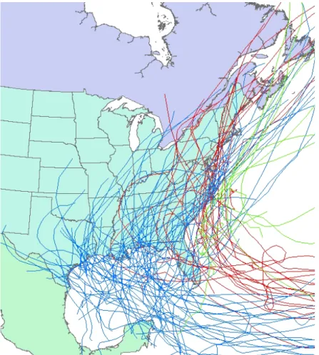 Figure 1: The tracks of tropical cyclones (TCs) making  landfall along the Gulf (blue), Atlantic (red) and moving  within 60 km of the coastline (green) during the study  period