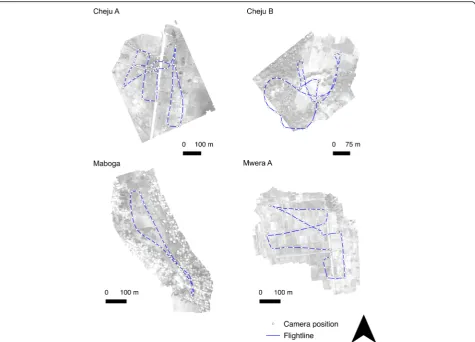 Fig. 3 Locations of flight lines and subsequent central camera positions for each drone photo for sites at Cheju A, Cheju B, Maboga and Mwera A
