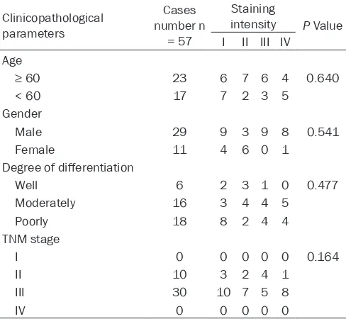 Table 4. The correlation between SOX2 expression in esophageal squamous cell carcinoma and its correspond-ing lymph node metastasis and clinicopathological data