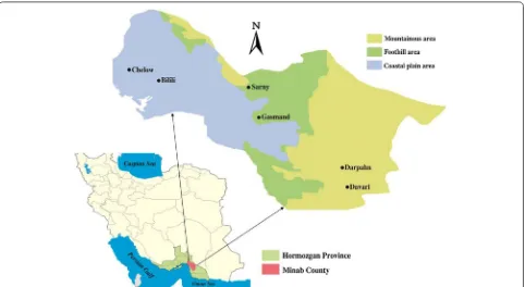 Figure 2 Map showing the provinces of Iran, highlighting the location of Hormozgan province and study villages in Minab County.