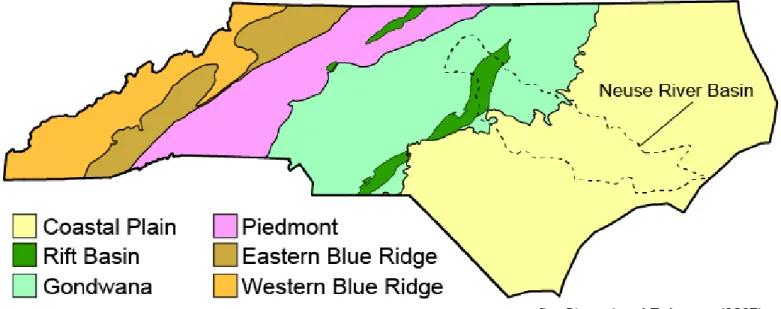 Figure 1. General geologic map of North Carolina with the Neuse River Basin outlined. 