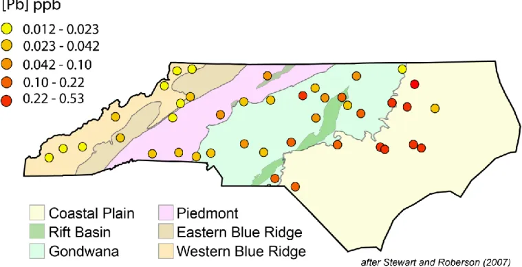 Figure 3. Pb concentration data for the state of North Carolina. Pb concentration increases gradually  moving west to east