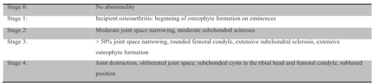 Table 1:  The staging of osteoarthritis of the knee after Kellgren and Lawrence 