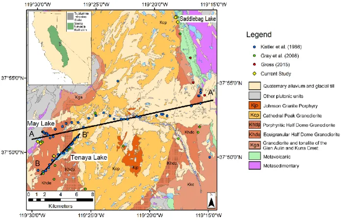 Figure 1: Geologic map of part of the Tuolumne Intrusive Suite (TIS). Unit boundaries were taken from Bateman et  al