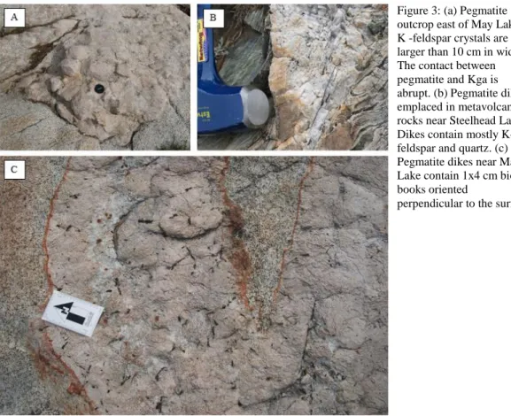 Graphic quartz textures are less common than at May Lake. Perthite lamellae are visible in hand  sample as parallel veins