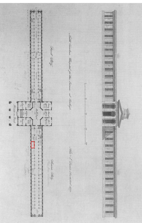 Figure A.1: Approximate size of average hotel room in Center Building is shown in red