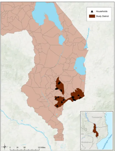 Figure 1. Map of Study Districts in Southern Malawi  The study districts are highlighted in dark red, and the 