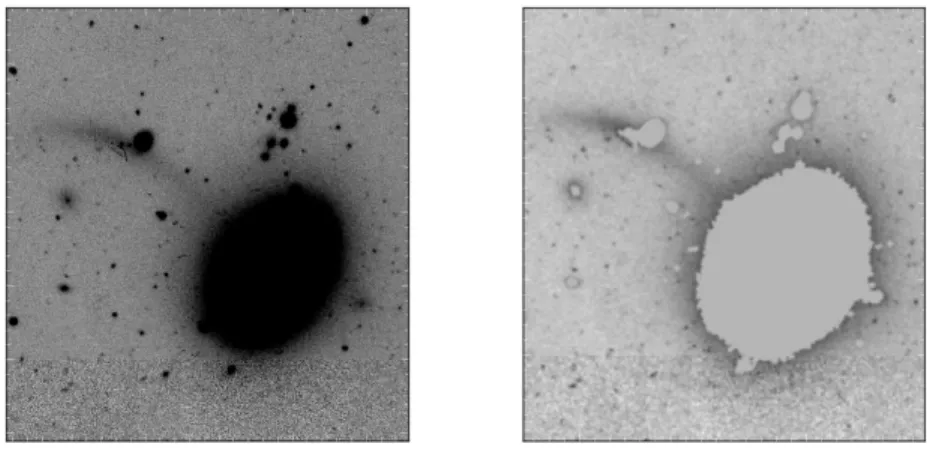 Figure 19. Original DECaLS image as well as the masked image of rf0138. A stellar stream is clearly visible coming out of the left side of the galaxy.