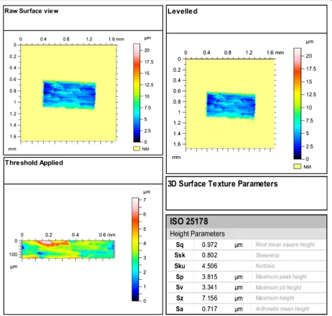 Fig. 6 Steps in recording the 3D surface texture parameters. a Raw surface view, b levelled surface