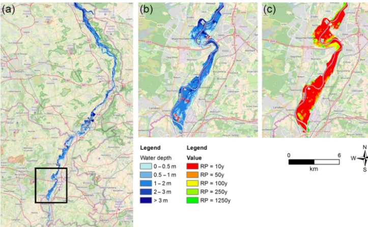 Figure 2. (a) Simulated water depth for the entire study area in Limburg. (b) Simulated water depth and affected population (in red) for anexample area