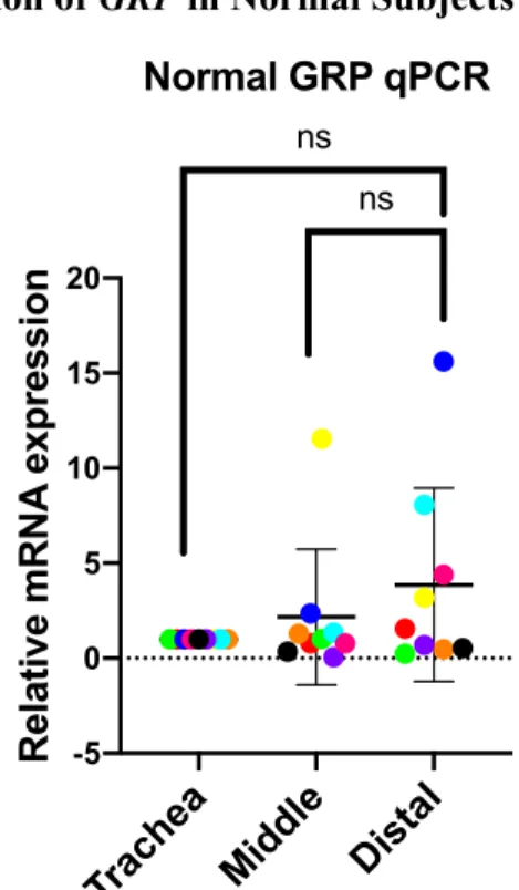 Figure 4:  mRNA Expression of GRP in Normal Subjects  Tr ac he a Mi dd le Di sta l-505101520 Normal GRP qPCR