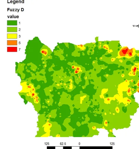 table depth and topography maps were different from thoseof DRASTIC, but for the other ﬁve parameters the fuzzy op-timized and DRASTIC maps were identical.