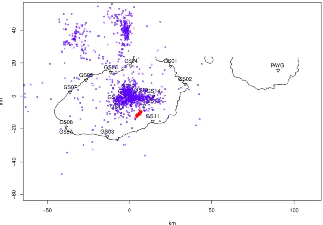 Figure 9. The stations with earthquake locations and a cluster in red