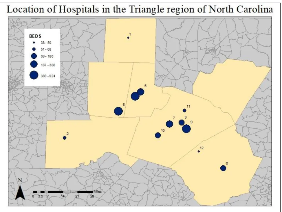 Figure 2 – Location and relative size of hospitals in the Triangle 