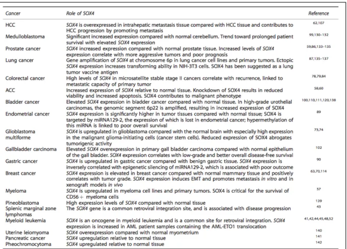 Table 1. Summary of existing research showing Sox4 upregulation in many cancer types. 
