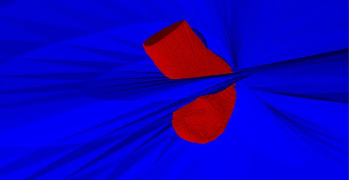 Figure 26: The overlay of the original surface mesh (red) of the femur dataset labeled 002 and the SPHARM surface mesh of it  with heat equation mapping initialization parametrization with iteration 500 (blue)