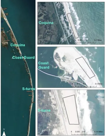 Figure 3: Study sites in detail, with the leftmost panel  of all three sites along the Outer Banks, and the three  panels on the right showing the extent of each site