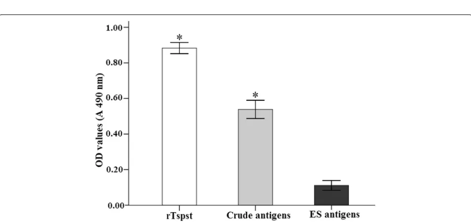 Figure 2 Identification of recombinant Tspst protein. AColumn.of mice infected withthe ES antigens (5) were not recognized by anti-rTspst serum
