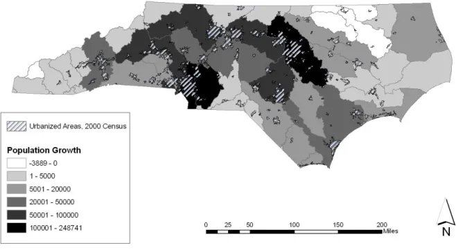 Figure 1. Population growth estimates from the US census from 2000-2007 by Place, apportioned into 8-digit  HUC watersheds and overlain with interstate highways and urbanized areas
