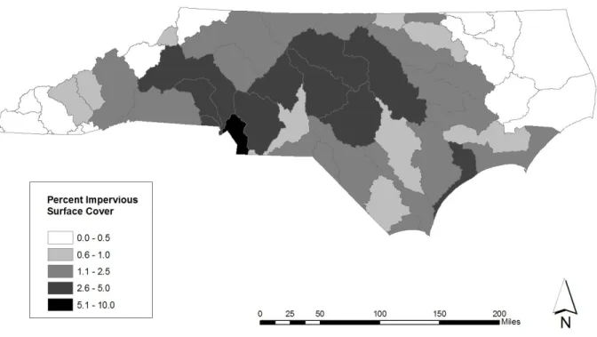 Figure 2. Percent impervious surface cover by watershed. Data obtained from National Land Cover Database  (U.S