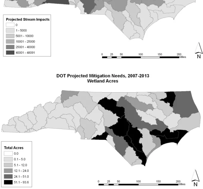 Figure 3. DOT Projected stream (top) and wetland (bottom) mitigation needs. Darker watersheds are those in  which NC DOT predicts needing larger amounts of mitigation
