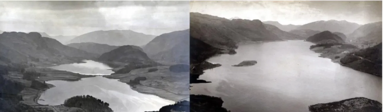 Figure 3. Thirlmere before and after being converted into a reservoir. The image on the  left is dated from the late 1880s, while the image on the right (dated from around 1925) 