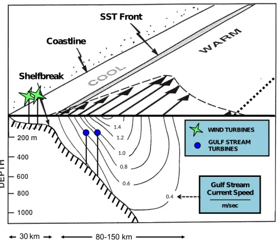 Figure 2.  Gulf Stream schematic taking a vertical slice of the current.  The coastline is depicted  in  the  upper  left  corner  and  the  inshore  edge  of the  Stream   pasts over  the continental shelf break, approximately 30 km offshore