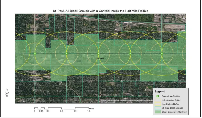 Figure 1: Example of Block Groups with a Centroid within the half mile radius
