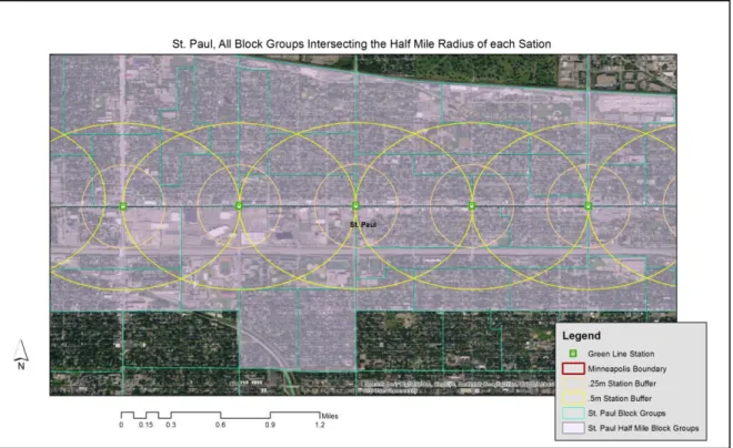 Figure 2: Example of Block Groups intersected by the half mile radius