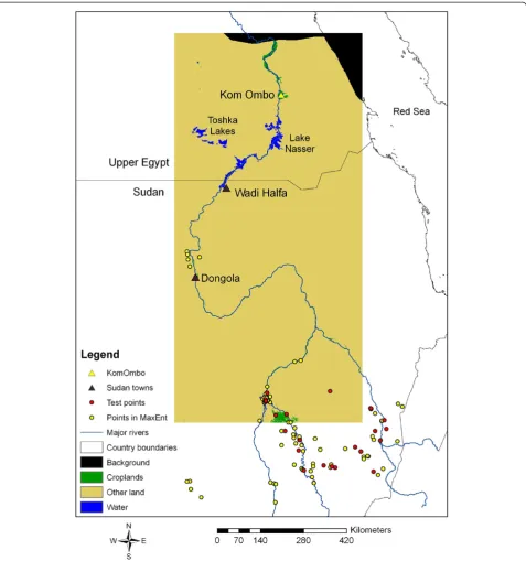 Figure 1 2001 land cover with occurrence points shown. The rectangle shows the main study area where projected habitat patches wereanalysed and the black background indicates areas either outside the original MODIS imagery or the Red Sea which were not considered in theanalysis.