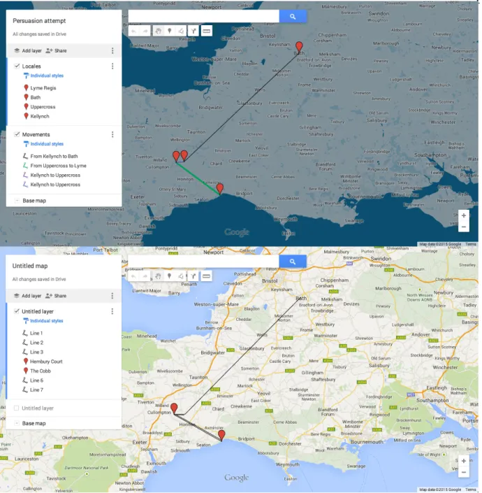 Fig. 2. My first attempts at mapping Persuasion using Google Maps Engine. 
