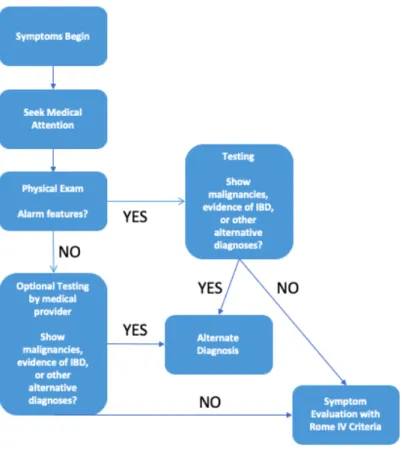 Figure 1. The process of diagnosing IBS and other FGIDs includes ruling out other possible diagnoses through physical exams,  potential blood or procedural testing, and a careful review of symptoms against a validated set of criteria