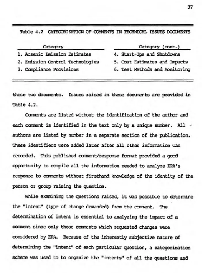 Table 4.2 CftlEQCRIZATICN OF OCMtENTS IN TEX3JNICAL ISSUES DOOWENTS