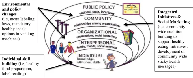 Figure 7: Interaction of comprehensive nutrition education approach with social ecological model, with  examples 12 