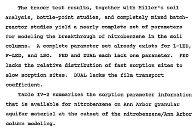 Table IV-2 summarizes the sorption parameter information that is available for nitrobenzene on Ann Arbor granular aquifer material at the outset of the nitrobenzene/Ann Arbor column modeling.