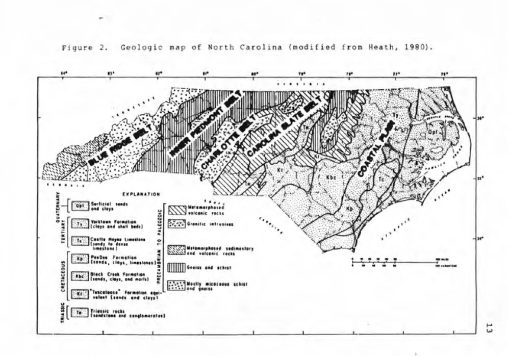 Figure 2.  Geologic map of North Carolina (modified from Heath, 1980) •»• I • • • •< rr; ^"Xi-'x^