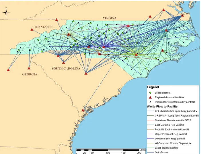 Figure	  1:	  Flow	  of	  MSW	  from	  county	  of	  origin	  to	  solid	  waste	  facilities	  in	  fiscal	  year	  2012-­‐2013.	  Most	  counties	  shipped	  to	   multiple	  facilities.	  Some	  facilities	  were	  regional	  