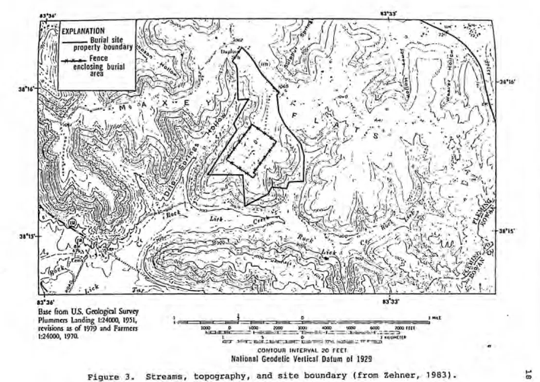 Figure 3.  Streams, topography, and site boundary (from Zehner, 1983).