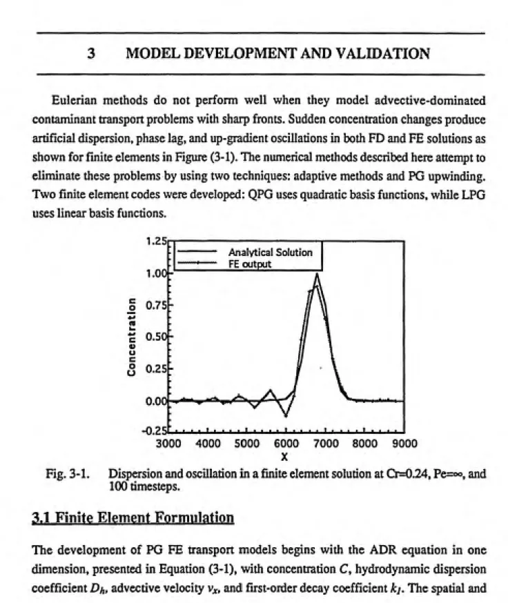 Fig. 3-1.     Dispersion and oscillation in a finite element solution at Cr=0.24, Pe=oo, and