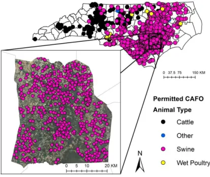 Figure 1:  All 2015 CAFOs permitted by DENR in NC with an inset of the study area, Duplin county 