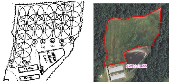 Figure 2: Example of multiple sprinklers in an NMP (left) combined and delineated as one physical  sprayfield (right) 