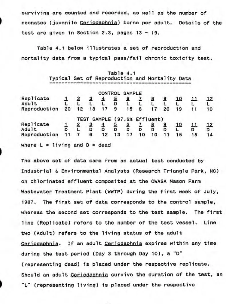 Table 4.1 below illustrates a set of reproduction and mortality data from a typical pass/fail chronic toxicity test.