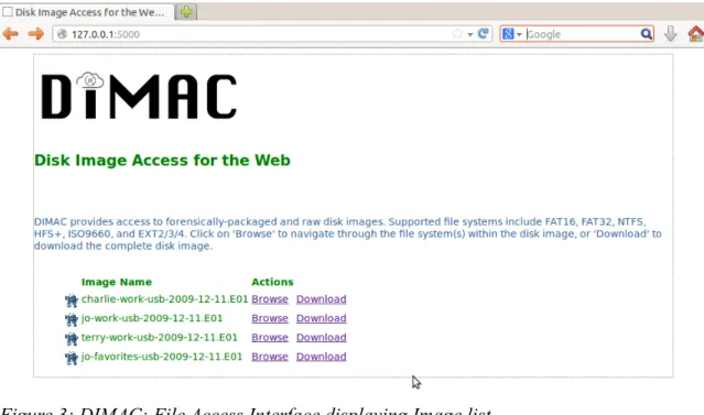 Figure 3: DIMAC: File Access Interface displaying Image list